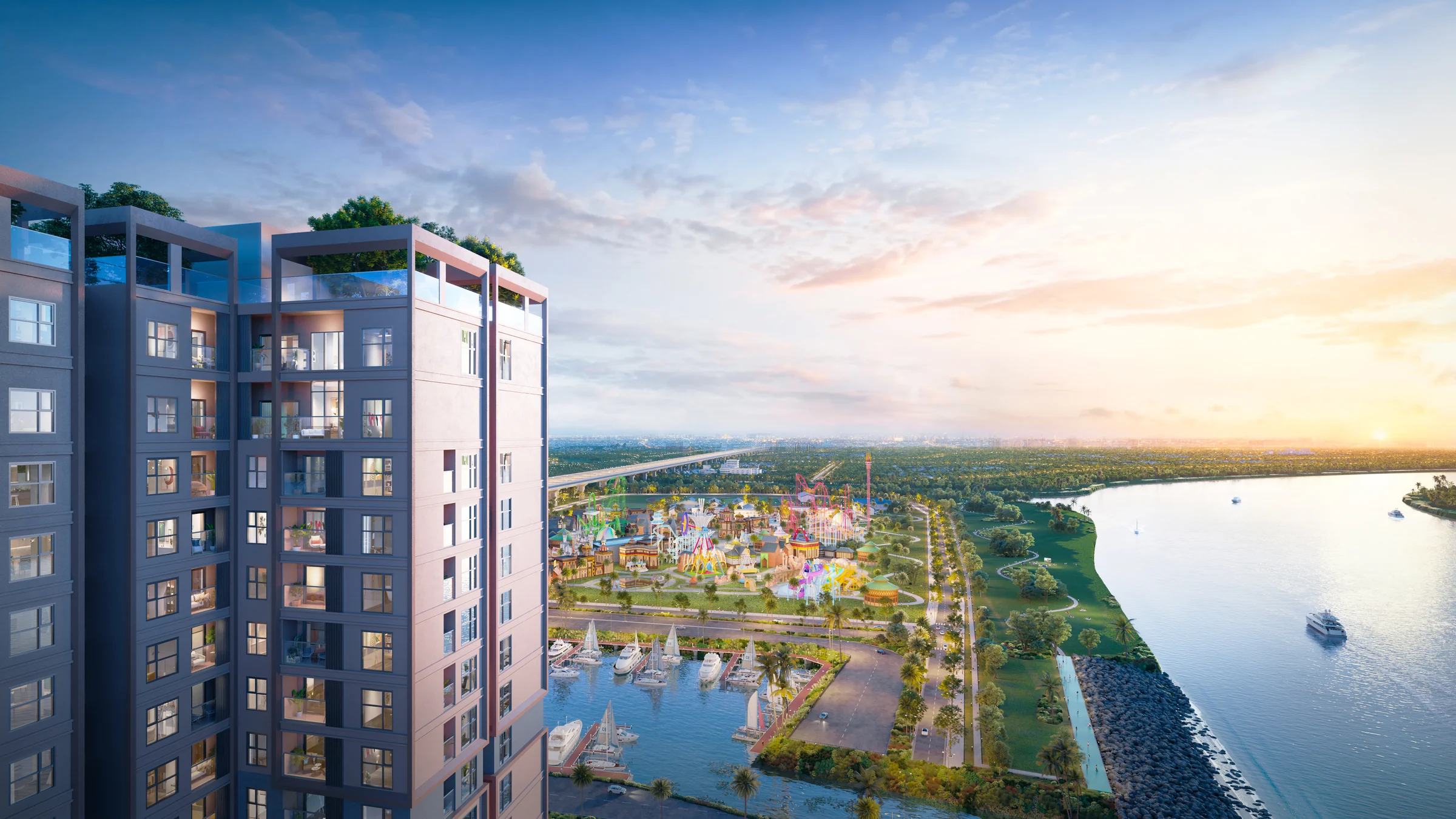 Tầm nhìn từ căn hộ hướng bến du thuyền và công viên